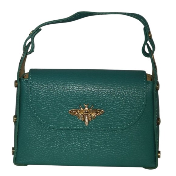 Vera Pelle Green Handbag Bee Clasp Purse Pebbled Leather Made in Italy - Picture 1 of 12